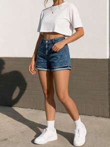 Cuffed High-Waisted Denim Shorts – Classic Blue Wash, Rolled Hem, Pleat Detail, Casual Summer Essential - Blue - View 3