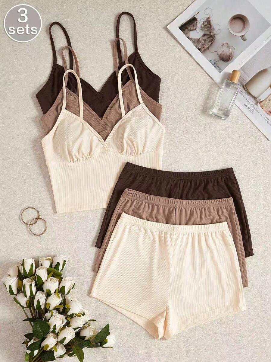Set de pijama de 6 piezas/paquete con top de tirantes y shorts de unicolor cómodos para mujer - Multicolor - Ver 1