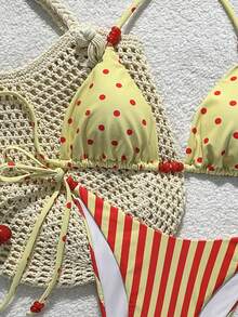 Conjunto de bikini elegante con cuello halter y lazo para mujer, traje de baño de dos piezas a la moda con lunares rojos y rayas, Bottom de baño con lazos laterales para vacaciones, playa y verano - Multicolor - Ver 4