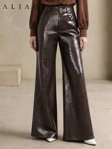 ALIAO Autumn/Winter Crocodile Embossed PU Leather High-Waist Wide-Leg Pants, Fashionable Retro Versatile Women's Clothing - Coffee Brown - View 3