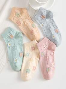 5 Pairs Women's White Ankle Socks, Floral Sports Comfortable Versatile Mid-Calf Socks, Breathable Anti-Slip - Multicolor - View 2