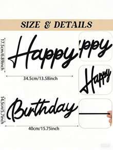 Minimalist Black & White "Happy Birthday" Wooden Silhouette Sign, Handwritten Font Letter Plaque, Suitable For Birthday Balloon Background Party Table Decor - B - View 3