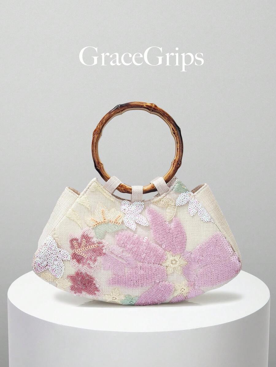 European & American Women's Elegant Shiny Multicolor Leaf & Floral Patchwork Handbag, Fashionable Vintage Classical Style Wooden Ring Design Evening Bag, Mini Square Handbag, Suitable For Party Girls, Brides, College Students, New Professionals & White-Collar Women, Perfect For Parties, Balls, Weddings, Matches Ball Accessories, Random Pattern