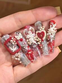 2件組可愛女孩愛心蕾絲框珠飾蝴蝶結蠟燭台洛可可風可穿戴美甲配件模具，美甲師必備矽膠美甲模具 - 無色 - 查看 7