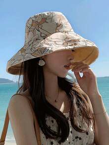 1 pieza Sombrero de cubo reversible estampado de ala ancha para mujer, sombrero de protección UV de cobertura completa para el verano con cuerda a prueba de viento, adecuado para vacaciones en la playa - Multicolor - Ver 2