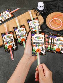 48pcs Halloween Decoration Glow Stick Holder Cards, Halloween Gift Packaging Labels, Trick Or Treat Gift Glow Stick Decoration Cards, Halloween Home Decor, Glowing Halloween Night Party Photo Props, Halloween Decorations, Halloween Party Small Gift Fillers, Christmas Decorations, Halloween Party Supplies, Glow Party Supplies Back To School (Glow Sticks Not Included) - Halloween - View 10