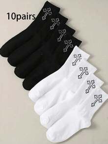 10 Pairs Unisex Black & White Mid-Calf Socks, Minimalist Solid Color, Simple Daily Wear, Suitable For Everyday Use (1/3/5/10 Pairs) - Multicolor - View 9