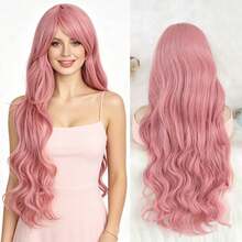 30 Inch Pink Wavy Synthetic Anime Wig For Women With Bangs, Fashionable Long Voluminous Soft Heat-Resistant Fiber Wig, Suitable For Holiday Party Costume Use, Multi-Functional Comfortable Natural Look Beginner Friendly - Pink - View 12
