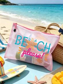 PVC防水海灘防曬化妝包，彩色網格化妝袋，印有「BEACH PLEASE」字樣與海星圖案，海灘主題收納包，大容量透明旅行盥洗包，適合度假、浴室、宿舍、夏季海灘、游泳與旅行。獨特生日禮物、旅行紀念品、教師節禮物、開學必備 - 彩色 - 查看 2