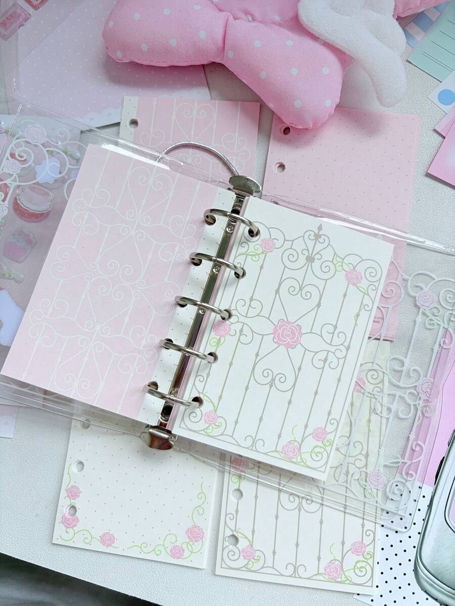 M5 Pink Rose Gate A6 6-Ring Transparent Loose-Leaf Notebook, Sampul Buku Catatan Loose-Leaf Motif Bunga Lucu dengan Halaman Dalam Dekoratif, Perencana Scrapbook Gaya Jepang yang Imut, Cocok untuk Catatan Harian - A - View 1