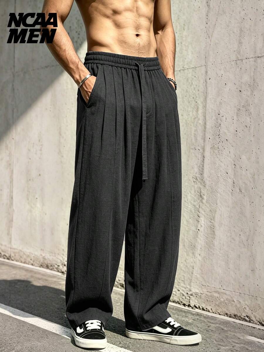 Men's Casual Straight Leg Pants, Faux Linen Texture, Solid Color, Minimalist Commuter Style, Versatile Long Pants - Black - View 1