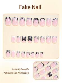 24pcs Rectangular Nail Stickers Instantly Elevate Your Look! Elegant Minimalist Black French Nails, White Polka Dots Black Stripes, 3D Black Bow, Silver Stars, Dollar Sign, Shiny Rhinestone Design, Pink Nails, Fashionable White French Nails, Black Polka Dots Black And White Cow Print, Leopard Print Nails, Full Coverage Fake Nails Set, Suitable For Women And Girls. Set Includes 1pc Jelly Glue + 1pc Nail File, Jelly Glue Randomly Shipped. - Black and White - View 2