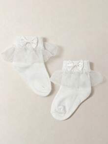 4雙甜美可愛婚紗面紗網紗蕾絲飾邊中筒襪，女嬰用翻邊襪口女童襪，蝴蝶結裝飾優雅公主風，適合搭配校服 - 白色 - 查看 5