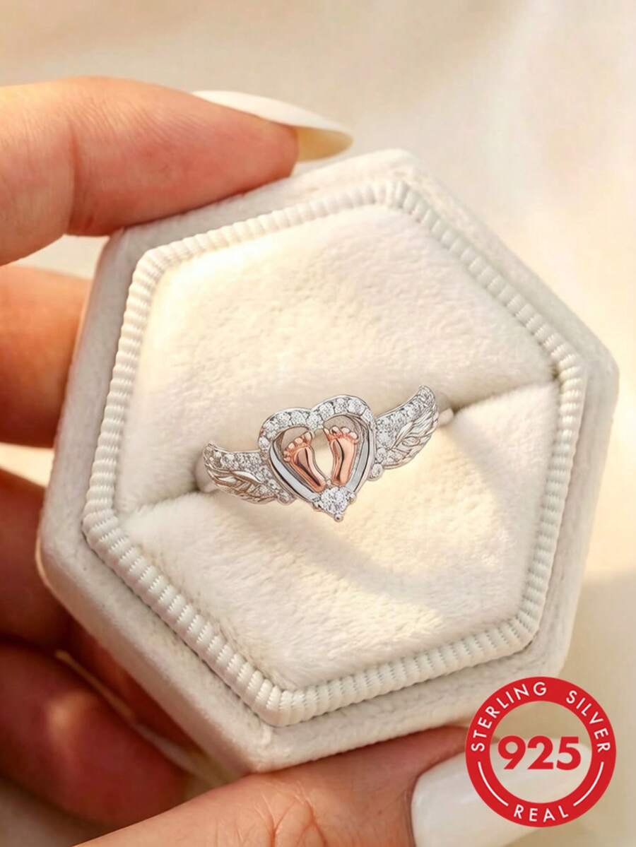 A Delicate Sterling Silver Rose Gold Plated Ring With Double Footprint And Angel Wings Engraving, Best Mother's Day Gift For New Moms Valentines - Rose Gold - View 1