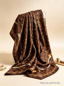 Moemton Coffee Brown Equestrian Chain Star Pattern Silk Scarf, Women's Luxury Satin Large Shawl, Suitable For Daily Street Style And Business Travel - Brown - View 5