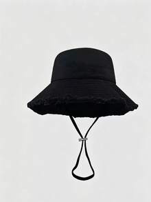1pc Women's Drawstring Bucket Hat, Adjustable Chin Strap, Distressed Effect, Soft Fabric, Sun Protection And Windproof, Fashionable And Versatile, Suitable For Travel, Beach, Vacation, Daily Casual - Bucket Hat - View 5