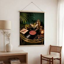 1pc Vintage Bar Cart Wall Art Canvas Poster Retro Cocktail Prints Martini Glass Painting Vinyl Record Artwork Picture Giclee Print Dark Green Kitchen Home Bar Decoration Moody Aesthetic Framed/Unframed/Wooden Hanging - Record Tray - View 3