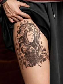 STARTTOOS 1pc Large Arm Tattoo Sticker Black Classical Aesthetic Floral Deer Horn Portrait Pattern Temporary Tattoo Sticker For Arm Back Thigh Party Gift Holiday Gift - Black - View 3