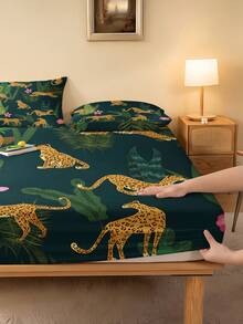1PC Animal And Tropical Plant Pattern Fitted Sheet (Only Fitted Sheet, No Pillowcase), Soft And Comfortable 100% Polyester Fabric, Suitable For Bedroom, Guest Room, School Dorm Bedding, Available Sizes: Extra Large, Large, Standard Double, Single. Easy To Remove And Machine Washable, All-Season Mattress Protector. Modern Minimalist Washable Home Bedding - Multicolor - View 5
