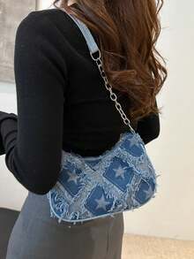 1pc Girls' Shoulder Bag With Decorative Buckle Detail, Stitching And Chain Strap, Street Fashion Bohemian Style - Blue - View 7