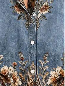 女款波希米亞風花卉刺繡襯衫，長袖翻領上衣，適合秋季穿著，長款梭織布料上衣，獨特細節設計 - 霧霾藍 - 查看 3