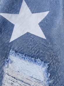 1pc Girls' Denim Shorts, Outdoor Daily Fashion Street Style Cool Retro Versatile Star Distressed Brushed Denim Hot Pants - Medium Wash - View 5