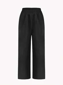 Women's Casual V-Neck Short Sleeve Top + Wide Leg Pants 2-Piece Set, Loose Fit Solid Color Loungewear Outfit, Suitable For Summer - Black - View 7