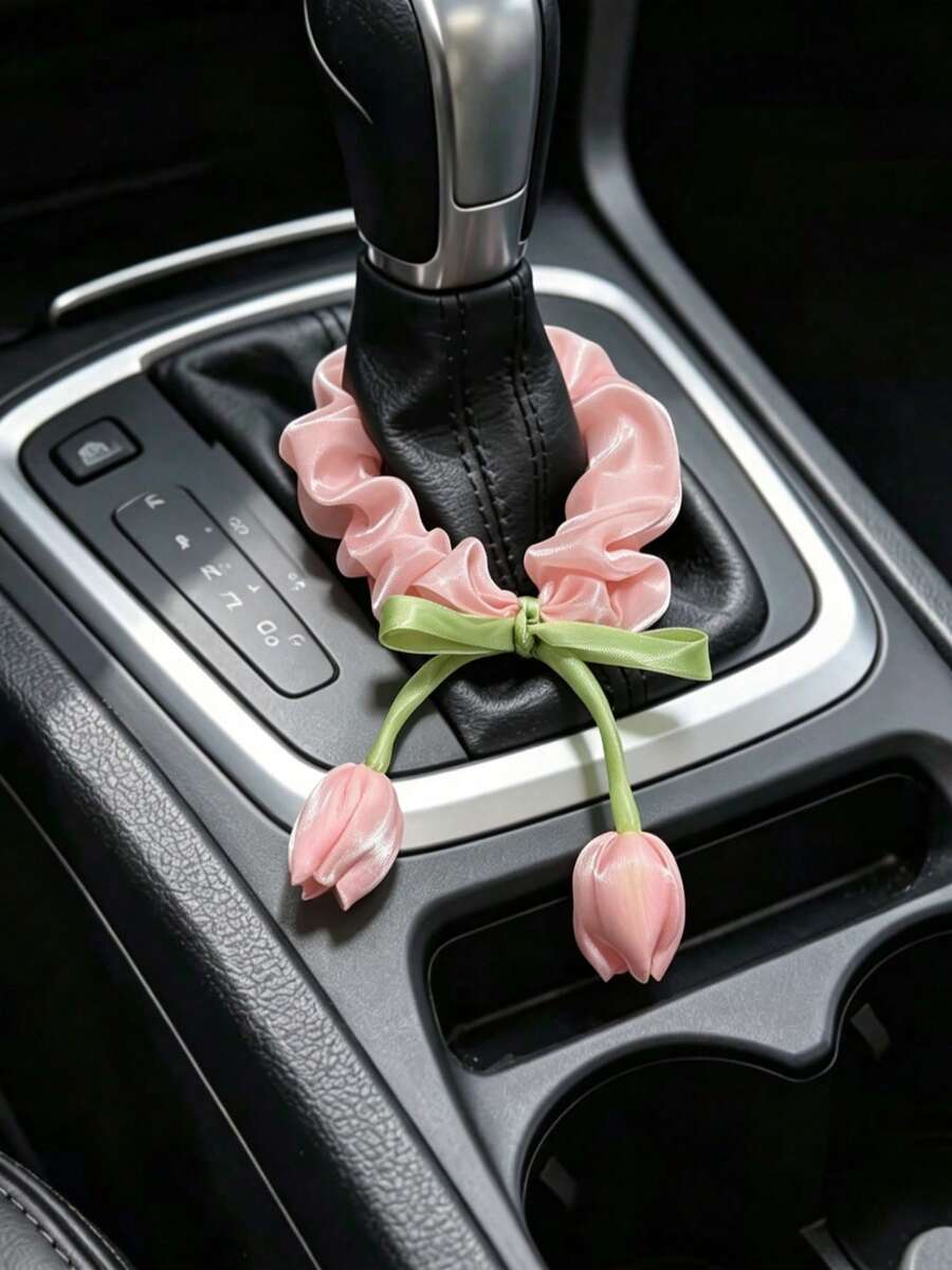 1pc Pink And White Tulip Car Gear Shift Decor, Women's Car Interior Decoration Accessory - A - View 1