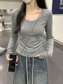 Kaos Lengan Panjang Slim Fit Wanita Minimalis Warna Polos dengan Leher U Dalam, Atasan Lapisan Dasar Elastis Serbaguna untuk Musim Gugur - Dark Grey - View 3
