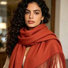 Plain Polyester Pashmina Shawl/Scarf, 150g-180g, With Fringe, Unisex. - 橘色 - 查看 4