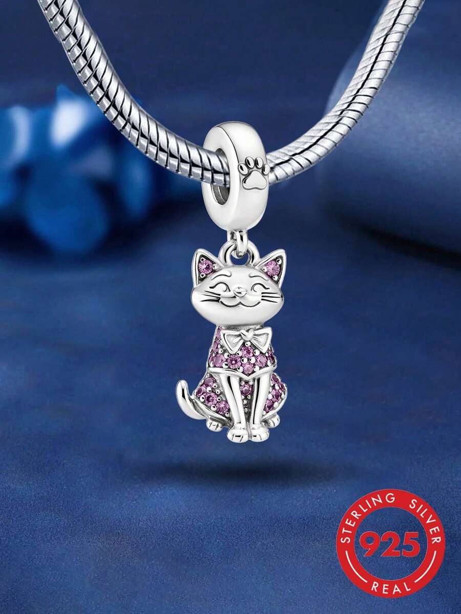 1pc 925 Sterling Silver Fully Paved Cat Beaded Pendant, Suitable For DIY Jewelry, Daily Outfit Decoration, Women Gift