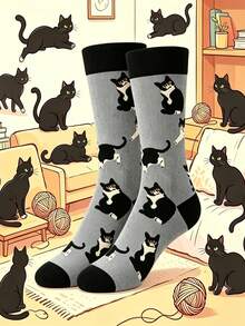 1 Pair Men's Funny Pattern Black & White Cat Mid-Calf Socks, Soft & Breathable, Suitable For Autumn/Winter Daily Wear, Halloween/Christmas Gift - Multicolor - View 1