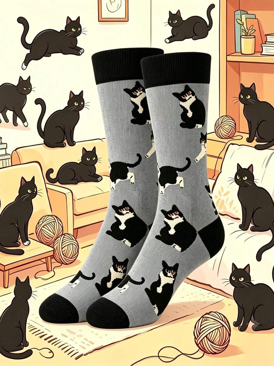 1 Pair Men's Funny Pattern Black & White Cat Mid-Calf Socks, Soft & Breathable, Suitable For Autumn/Winter Daily Wear, Halloween/Christmas Gift - Multicolor - View 1