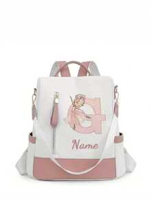 Personalized Custom Name A-Z 26 English Letters Premium Backpack, Fashion Anti-Theft Versatile Large Capacity Travel School Bag, Exquisite Cute Pink Ballet Girl Pattern Fashion Contrast Color Design Lightweight Large Capacity, Perfect For Daily Outings, Work Commute, School - White and Pink - View 16