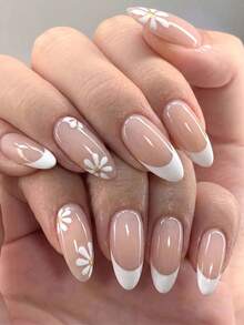 30pcs Full Size Spring Daisy Short Almond Press-On Nails, Gentle French Milk White Daisy Fresh Style Nail Tips - 彩色 - 查看 1