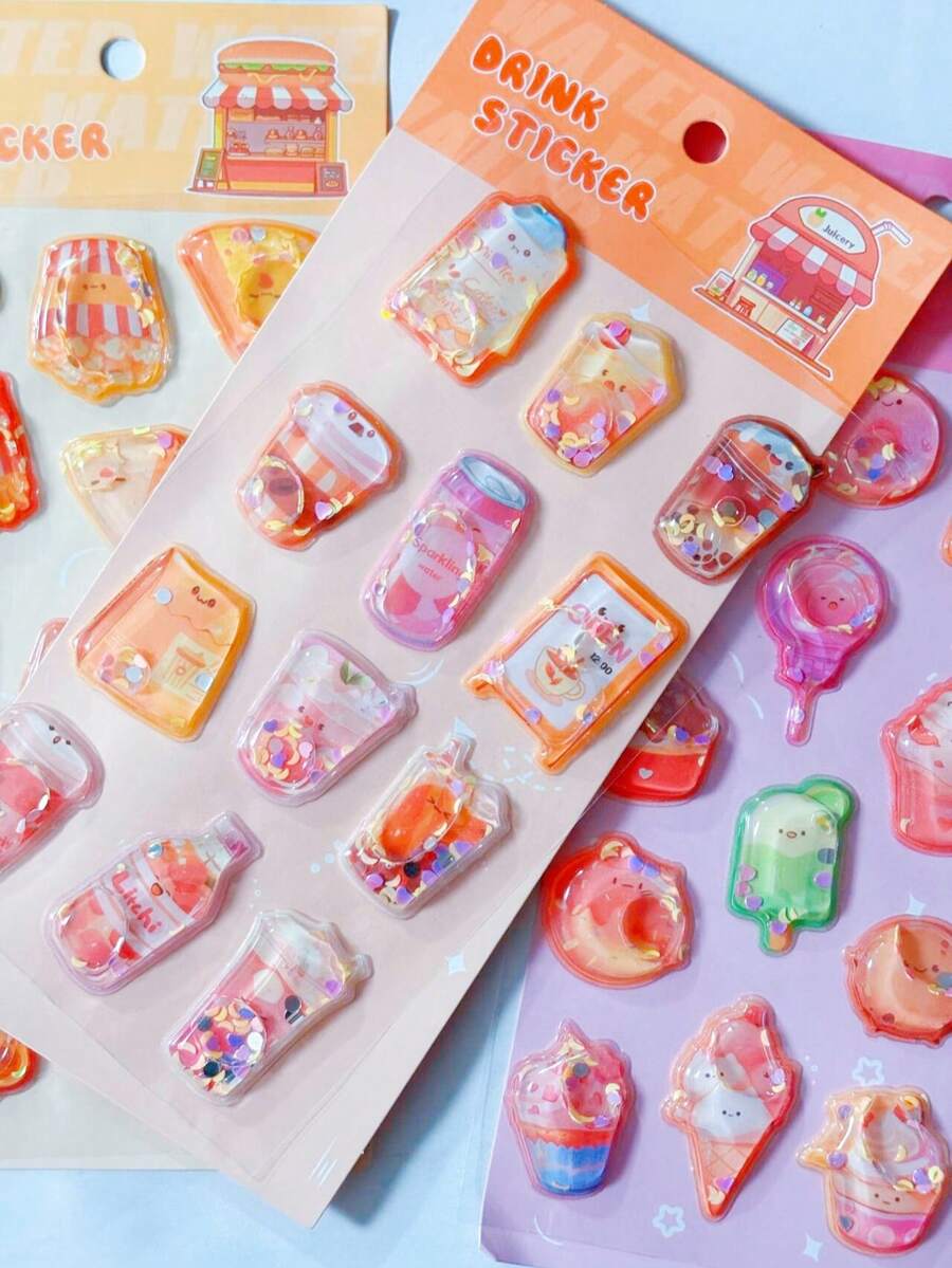 3D Shake Water Stickers Embossed Adorable Assorted Decals Mini Hamburger Cartoon 3D Stickers For Boys Girls Children Teens Students Laptop
