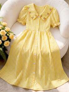 Girls' Summer Mid-Length Plaid Dress With Embroidered Large Collar, Puff Sleeves, A-Line Silhouette, Fresh And Sweet Summer Outfit - Yellow - View 3