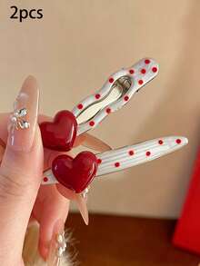 Vintage Fashion Polka Dot Heart-Shaped Hair Clip, Cute Clip, Spring/Summer High-End Multi-Functional Side Clip Accessory - 彩色 - 查看 2