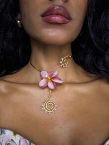 Women's Adjustable Handmade Wrap Necklace, Faux Plumeria Pearl Choker, Bohemian Pink Floral Necklace, Suitable For Party, Vacation, Wedding And Daily Wear - Pink - View 2