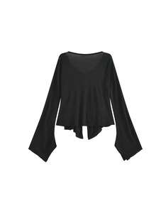 Women's Sun Protection Cardigan, Sexy Black Summer New Thin Design V-Neck Flared Long Sleeve Top - Black - View 5