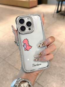 1 Fashionable Four Sided Shiny Diamond Transparent Phone Case With Small Dinosaur Pattern Customizable Name Electroplated Silver Luxurious Shiny Diamond Transparent Phone Case Compatible With IPhone 16e/17 Pro Max/15 Pro Max/14 Plus/13 Pro And Other Models Suitable As A Gift For Friends - Silver - View 9