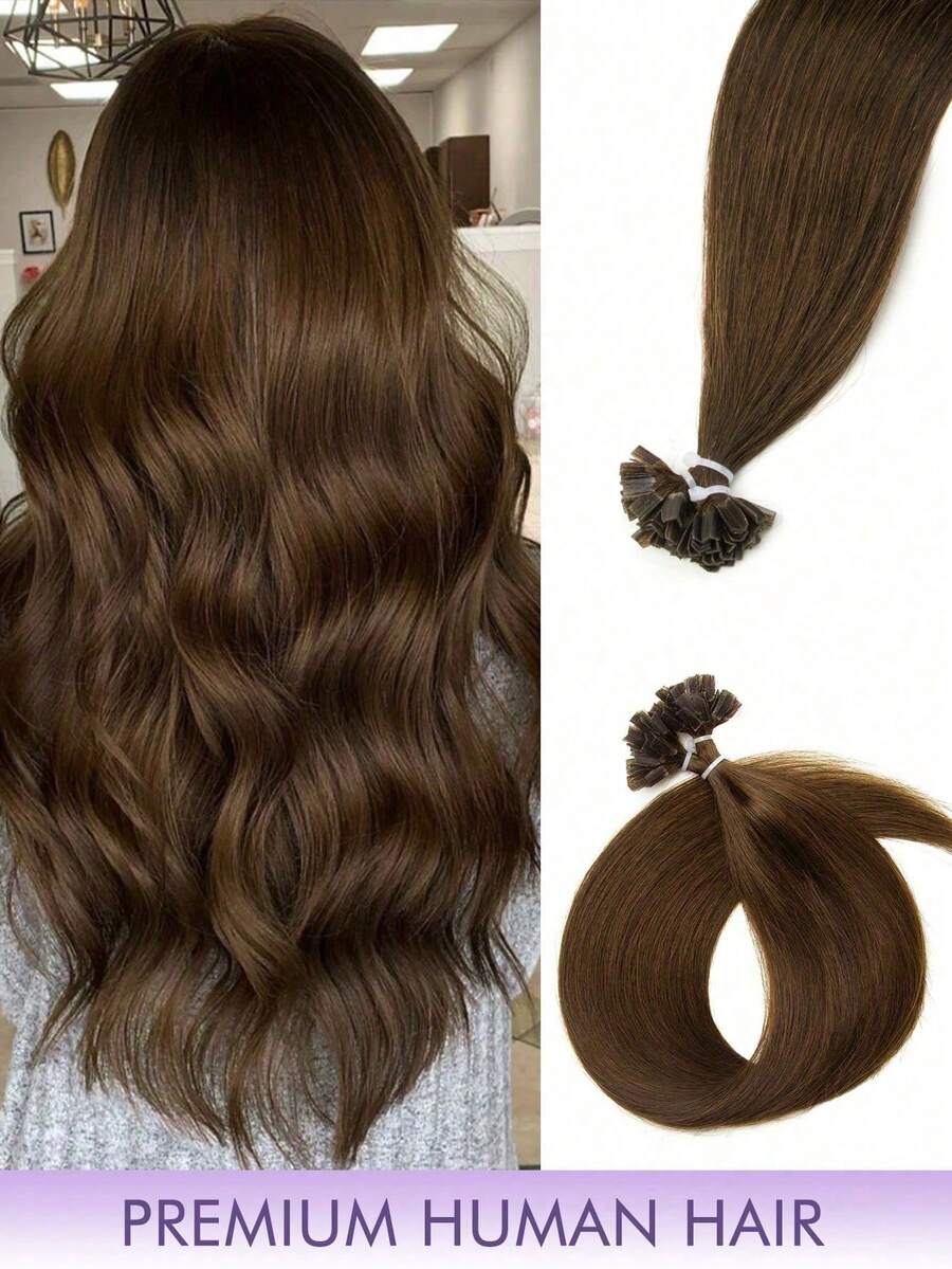 50pcs K-Tip & V-Tip Hair Extensions, Real Human Hair, Keratin Coated, #4 Chocolate Brown, 14-22 Inch Straight, K-Tip Keratin Hair Extensions, Invisible V-Tip Hair Extensions, Christmas