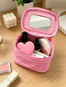 Y2K Cute Makeup Bag With Built-In Mirror Pink Striped Cosmetics Bag Mini & Large Handheld Travel Cosmetic Bag Wash Bag For Lip Gloss Skincare Brushes - Watermelon Pink - View 6