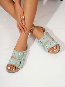 Sparkly Rhinestone Fringed Denim Cork Slide Sandals, Double Buckle Open Toe Summer Beach Thick Sole Sandals Solid Color Beach Buckle Vacation - Green - View 4