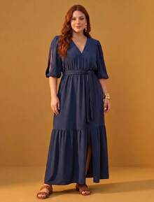 FASHION MIX PREMIUM Elegant Long Dress With Slit And Ruffle Hem, 3/4 Puff Sleeves With V-Neckline And Tie At The Waist, Women's Plus Size - 藏蓝色 - 查看 1