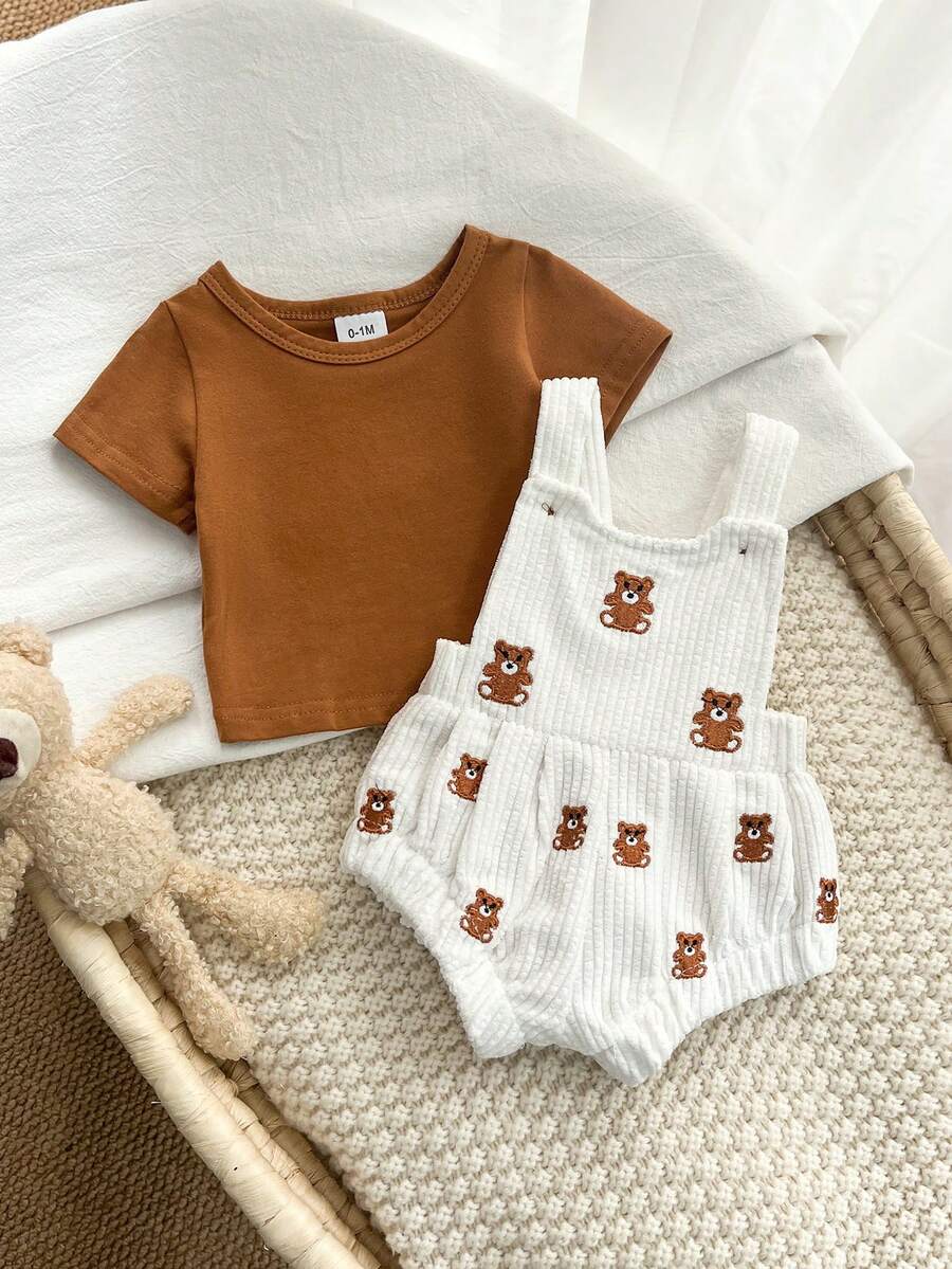 Set 2pcs Baju Bayi Baru Lahir Lengan Pendek & Celana Pendek Overall Bordir Beruang, Ukuran Sedang-Tipis untuk Bayi Merangkak di Musim Semi/Panas - Coffee Brown - View 1
