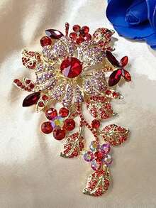 1pc Fashionable Exaggerated Plant Flower Rhinestone Brooch - Red - View 5