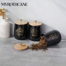 Myrothcane 3Pcs Black Ceramic Coffee Sugar Tea Canister Set, Airtight Bamboo Lid Storage Jars With Gold Letter Print, Kitchen Countertop Food Containers For Coffee Beans Tea Leaves Sugar Cubes, Modern Farmhouse Kitchen Decor Organizer - Black - View 5