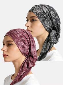 2pcs Women's Cashew Flower Ribbon Headscarf Hat Hair Protection Hair Loss Cap Tie Headband Suitable For Daily Use - Black/Wine Red - View 4