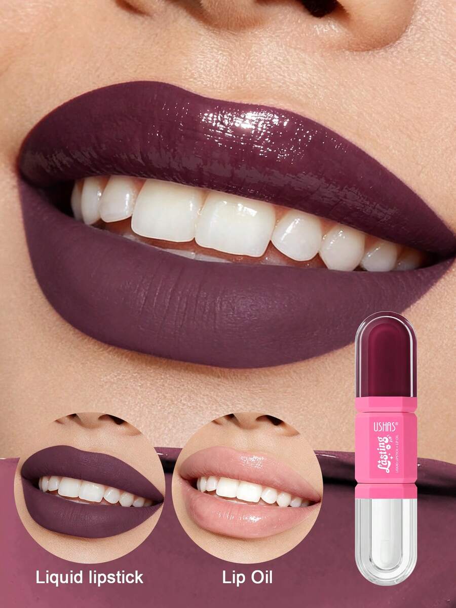 USHAS 2-In-1 Lip Oil + Liquid Lipstick, Long-Lasting Matte Lip Gloss With Glossy Finish, Non-Sticky And Non-Transferring, Moisturizing Lip Tint, 12 Colors From Nude To Deep Shades, Suitable For Daily And Party Makeup - #02 Plum Noir - View 1